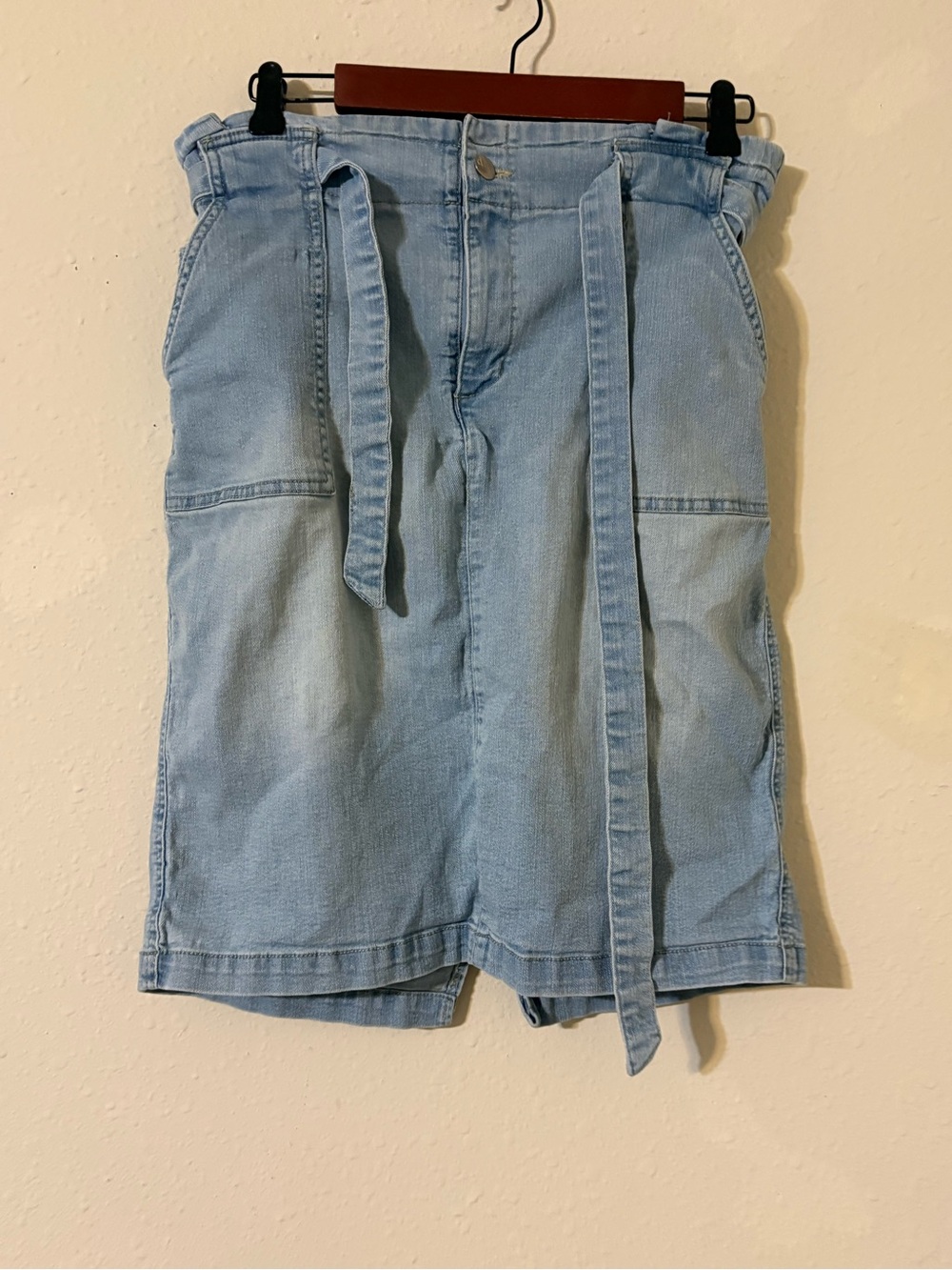 High-Rise Light Wash Denim Paperbag Skirt with Tie Belt